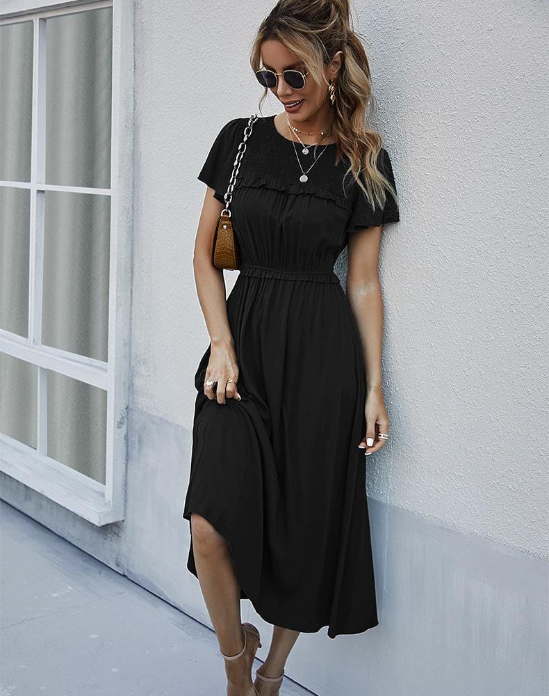 Shirred Neck Flowy Sleeve Dress