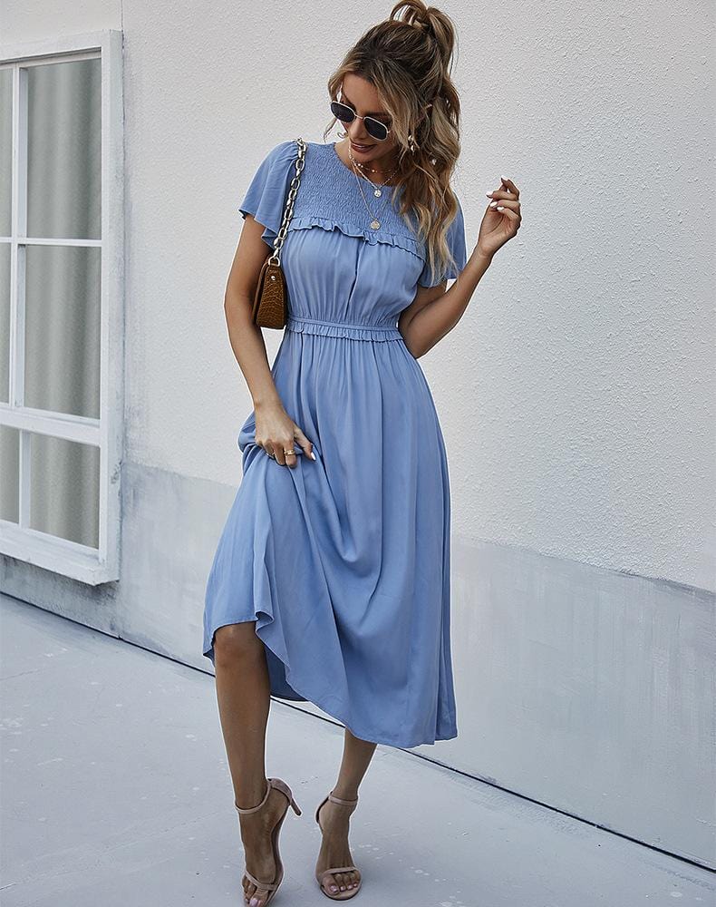 Shirred Neck Flowy Sleeve Dress