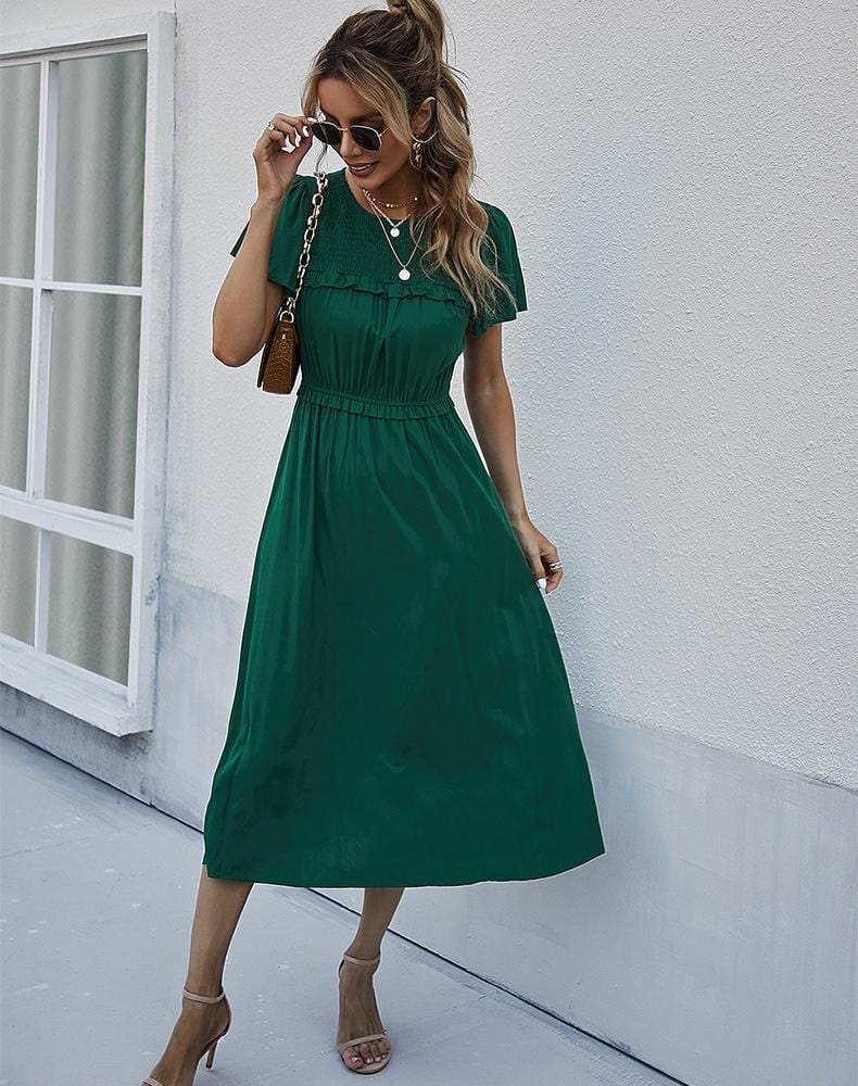 Shirred Neck Flowy Sleeve Dress