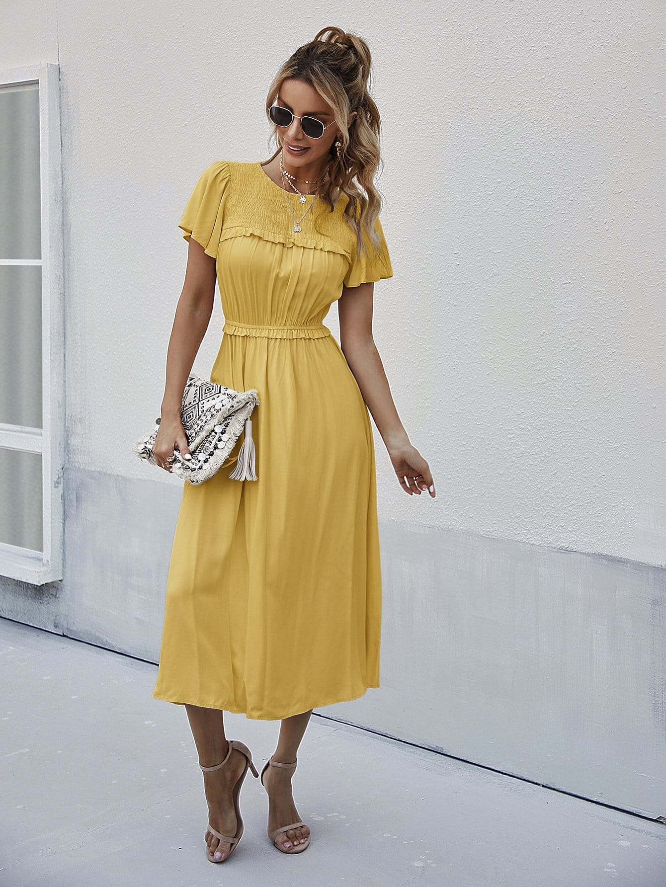 Shirred Neck Flowy Sleeve Dress