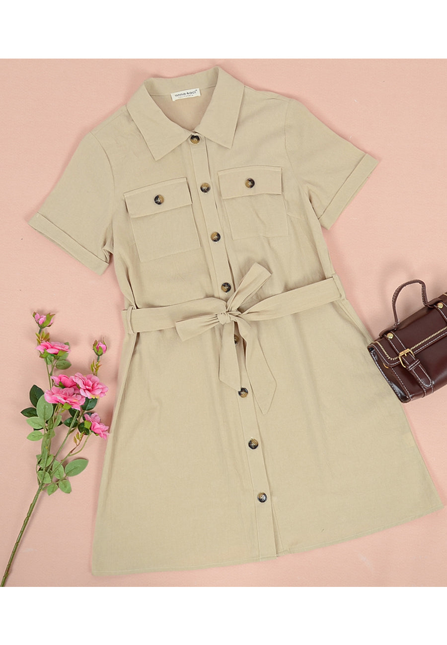 Contrast Button Down Belted Dress