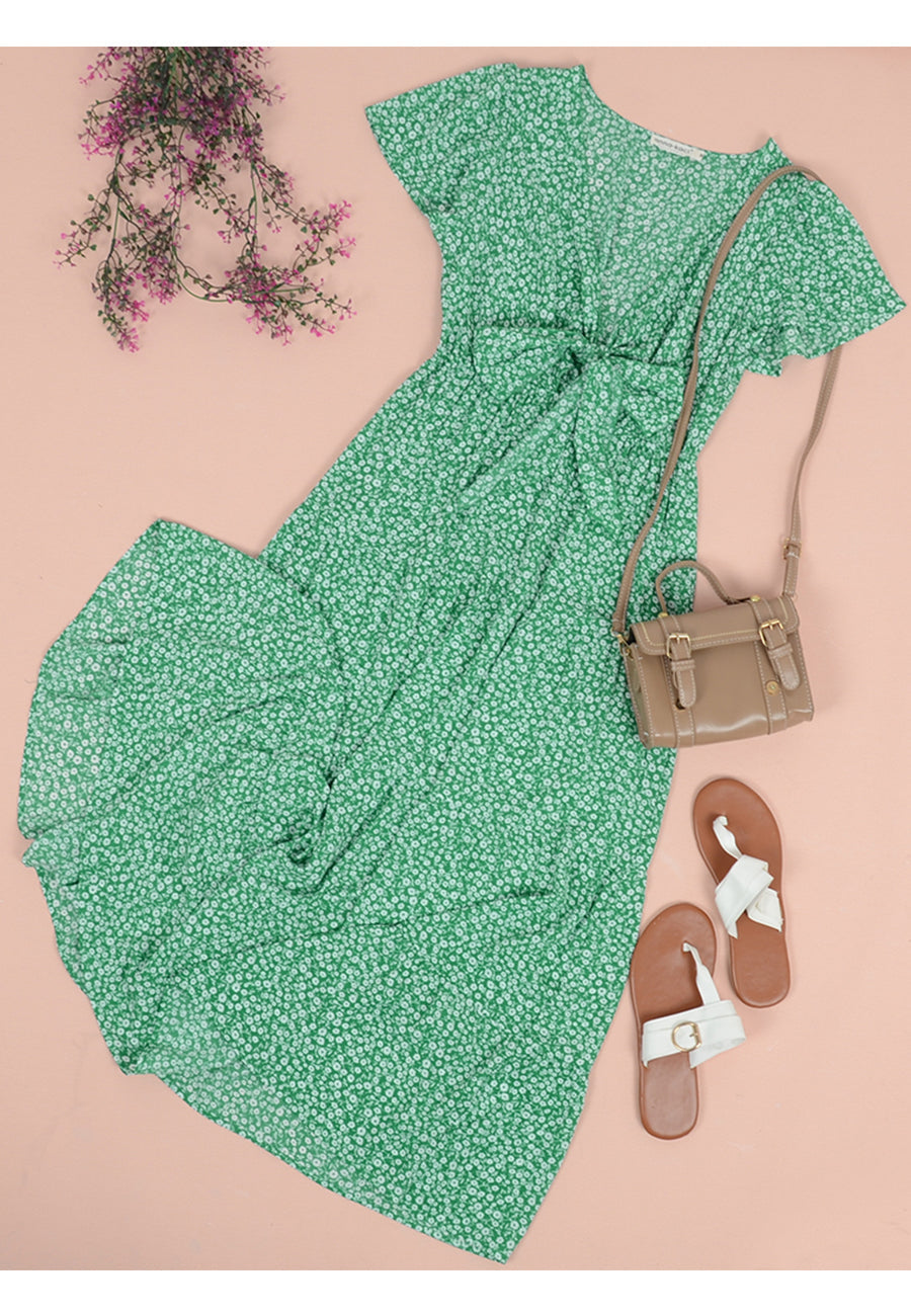 Floral Print Ribbon Front Dress