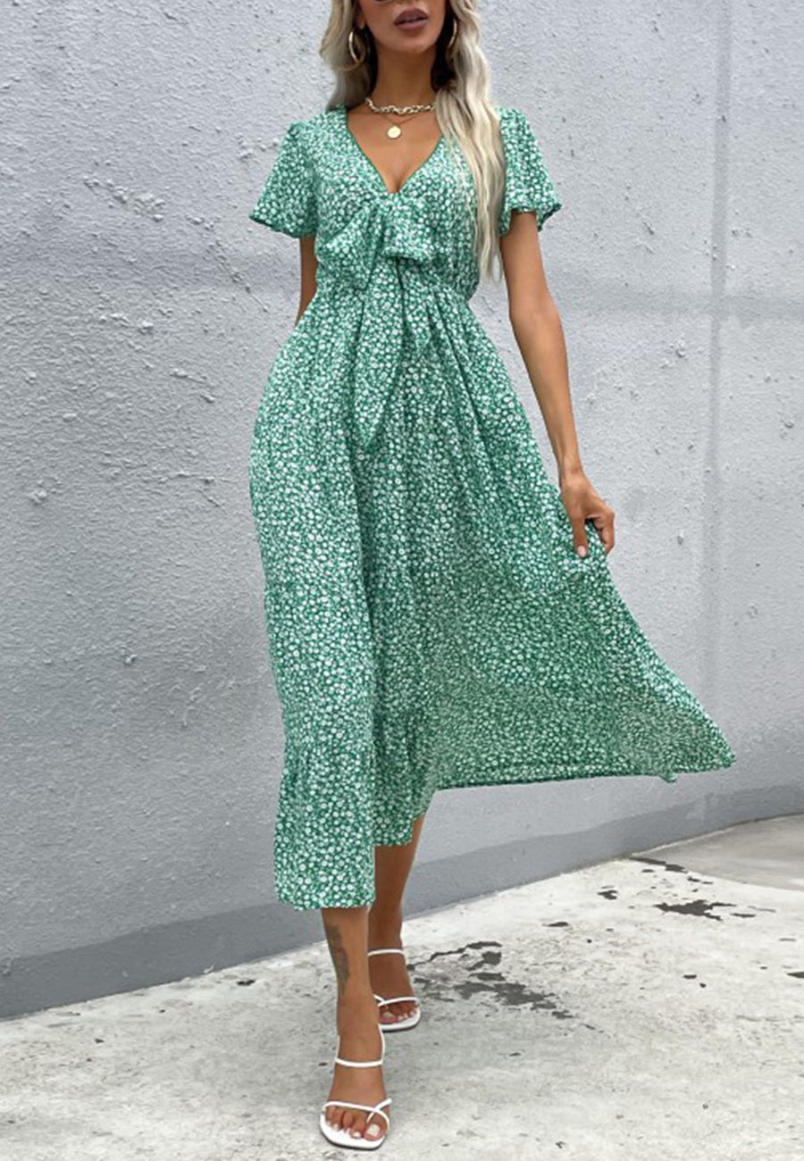 Floral Print Ribbon Front Dress