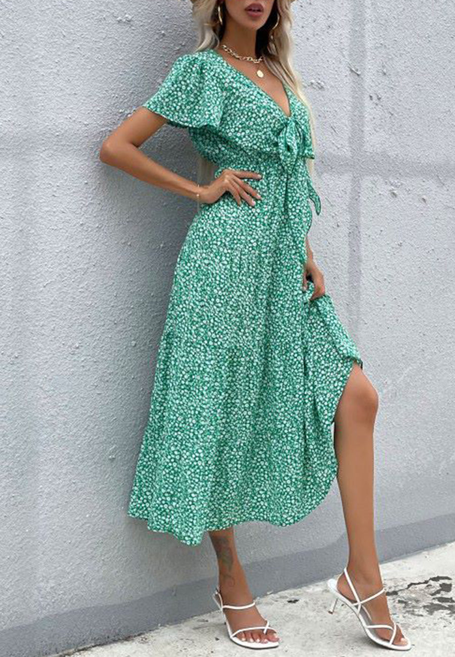 Floral Print Ribbon Front Dress