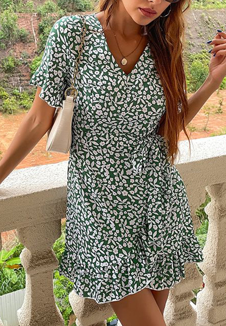 Floral Ruffle Hem Wrap Dress