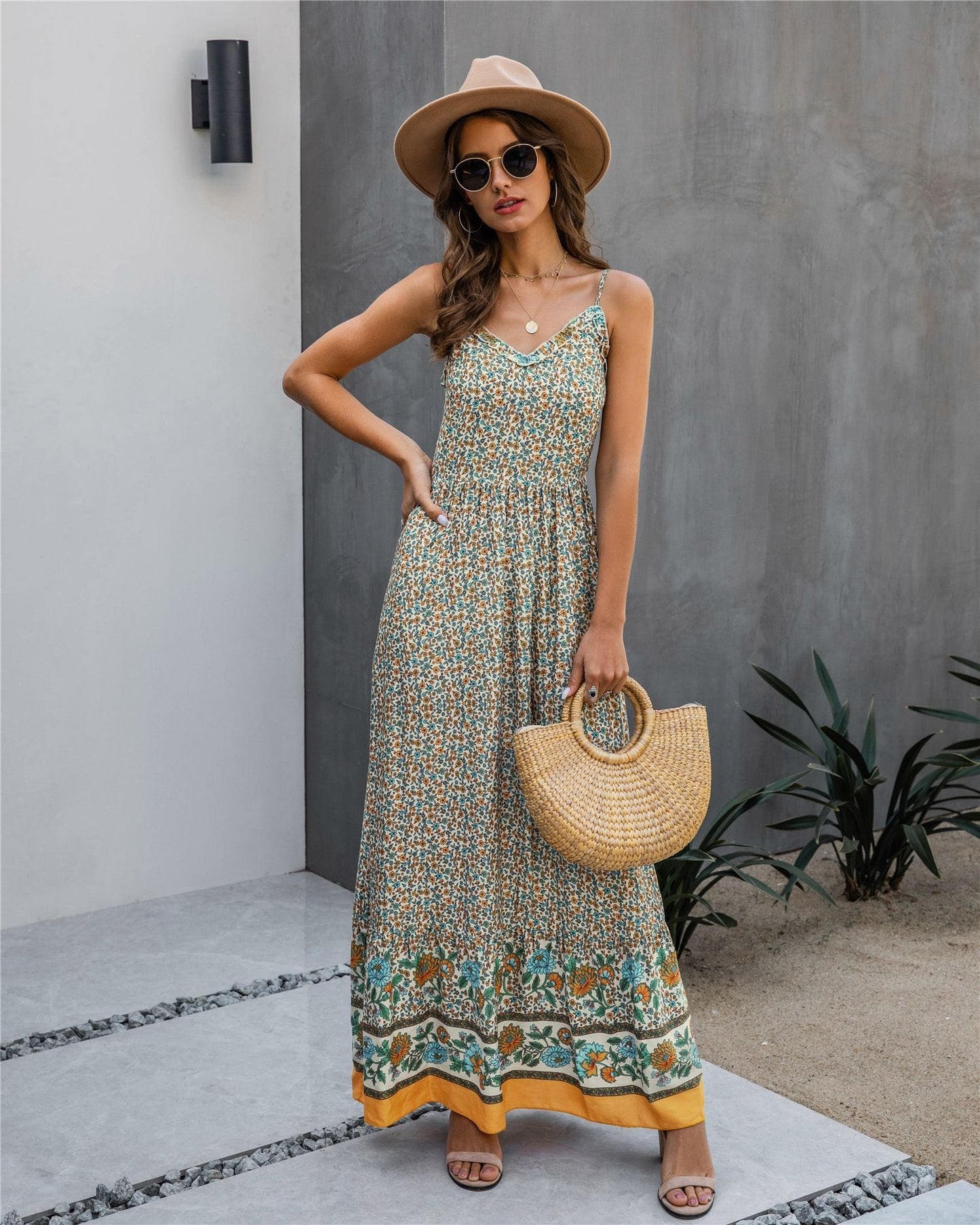 Floral Print V Neck Maxi Dress