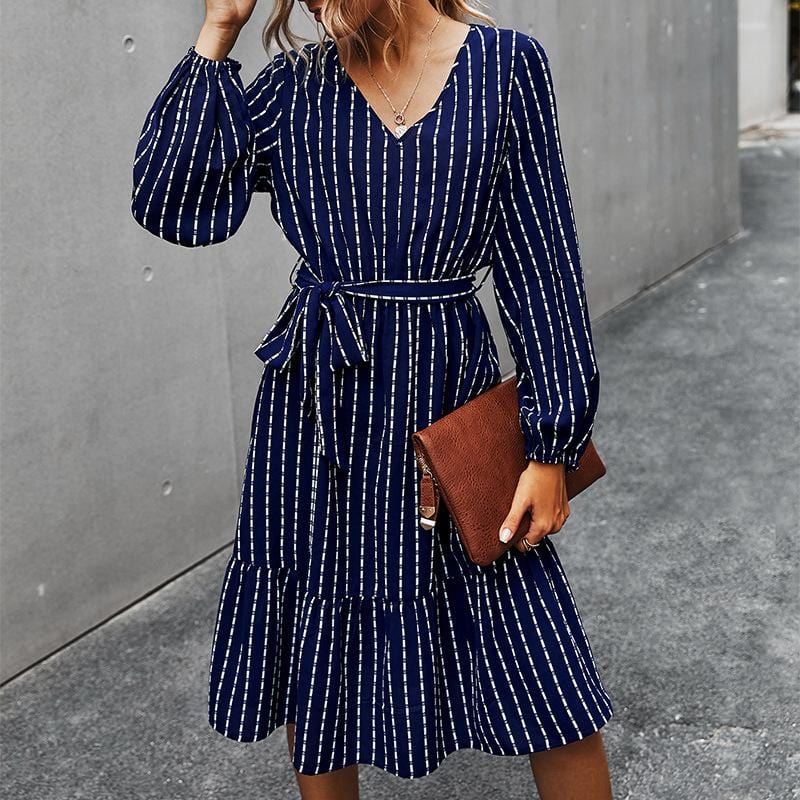 V Neck Tie Waist Striped Dress