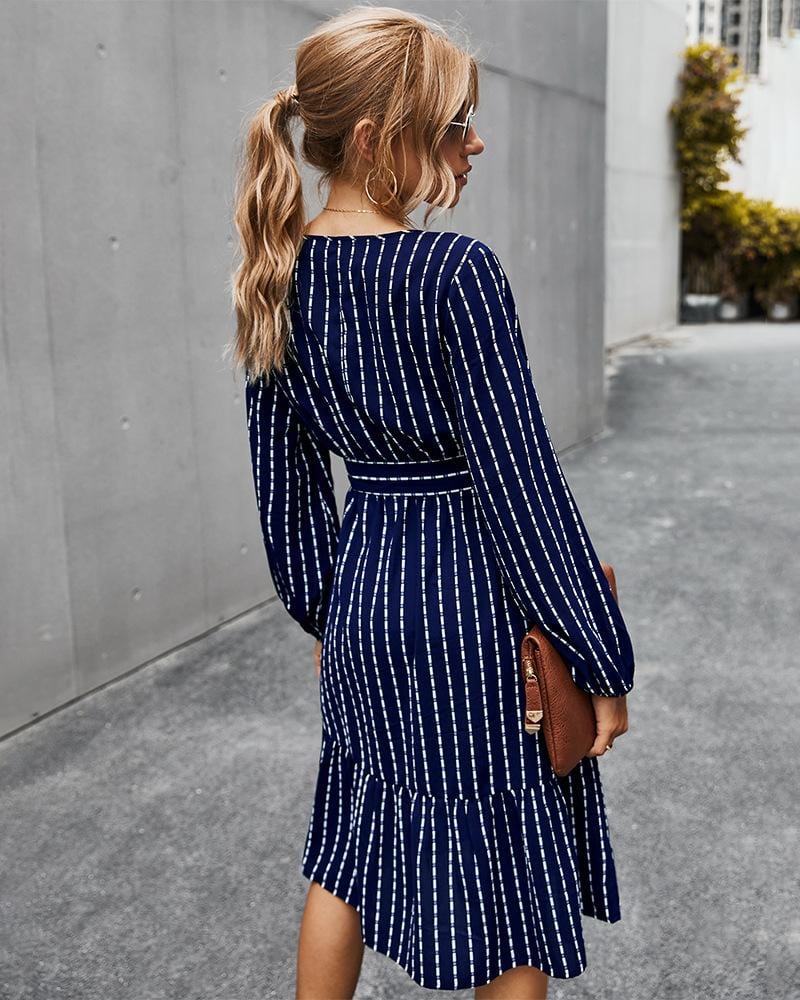 V Neck Tie Waist Striped Dress