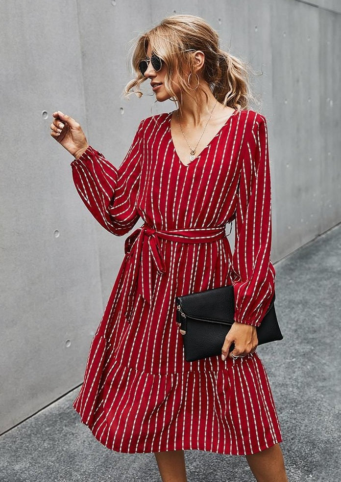 V Neck Tie Waist Striped Dress