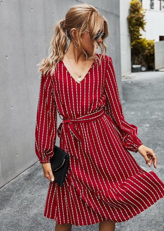 V Neck Tie Waist Striped Dress