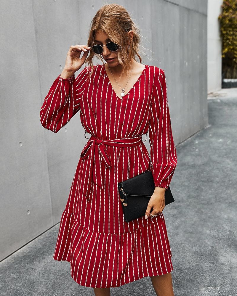 V Neck Tie Waist Striped Dress