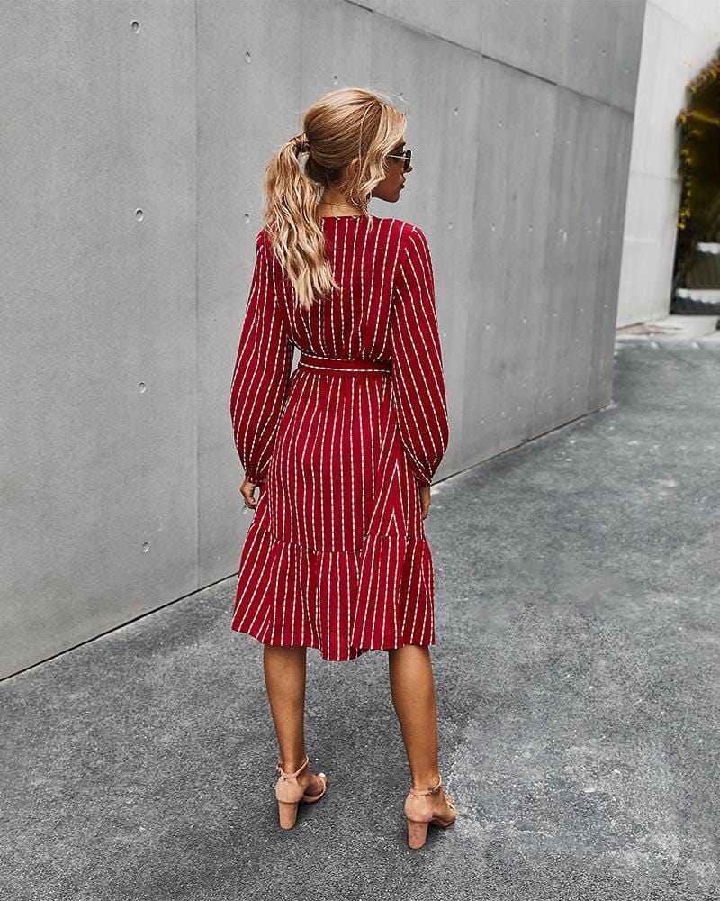 V Neck Tie Waist Striped Dress