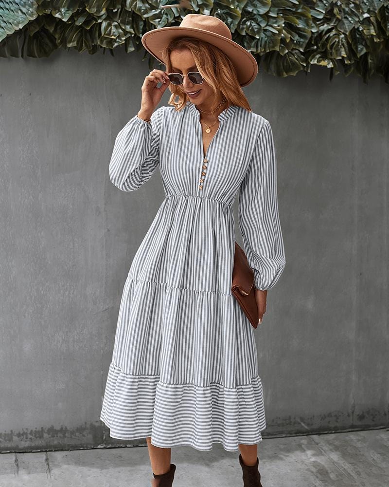 Striped Long Sleeve Tiered Dress