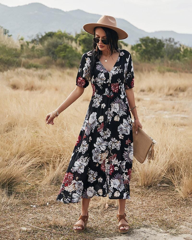 Minimalist Button Floral Print Dress