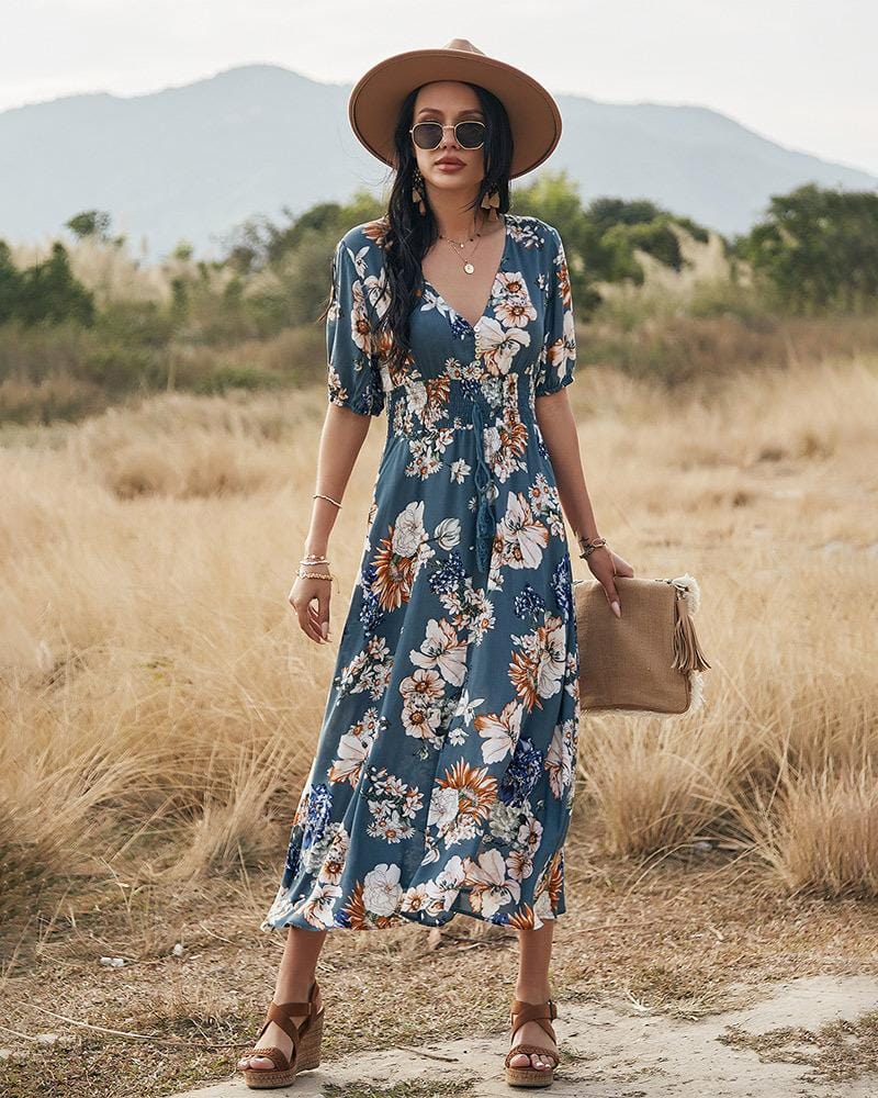 Minimalist Button Floral Print Dress