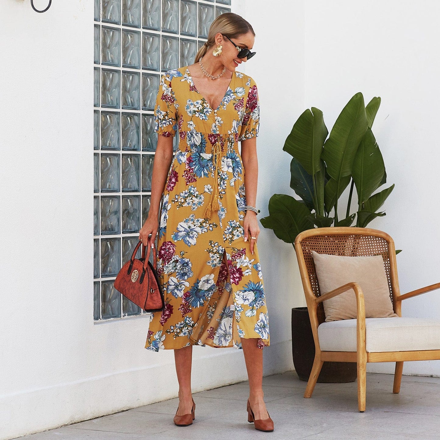 Minimalist Button Floral Print Dress