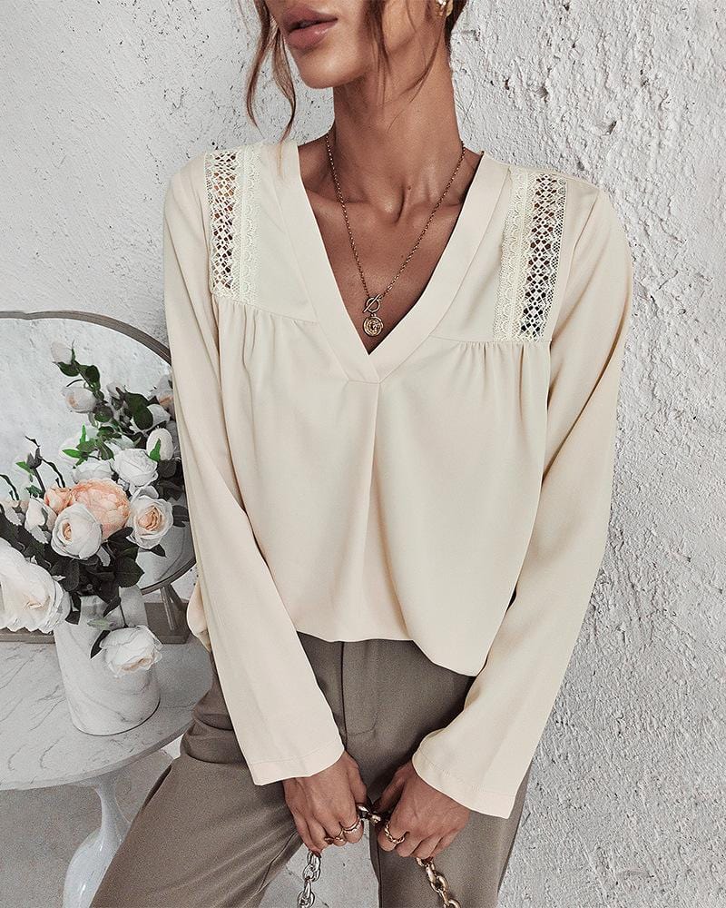 V Neck Crochet Lace Shoulder Blouse