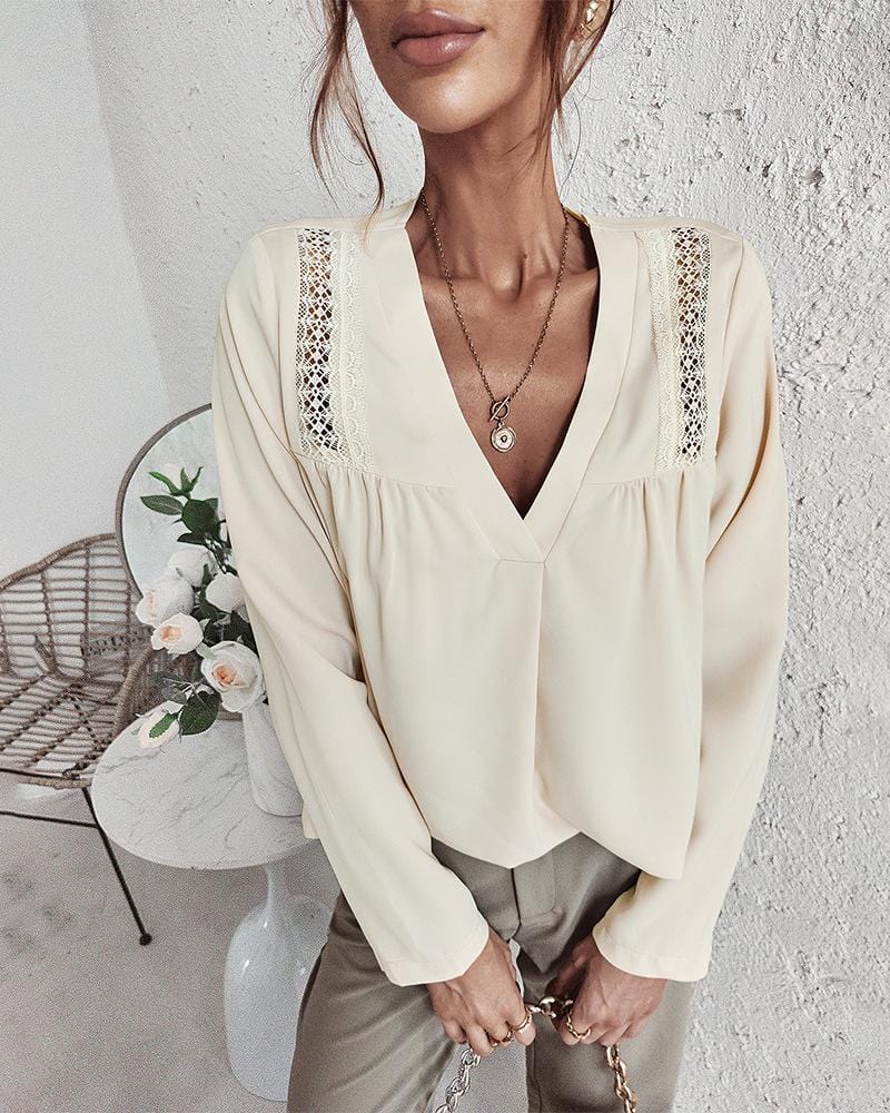 V Neck Crochet Lace Shoulder Blouse