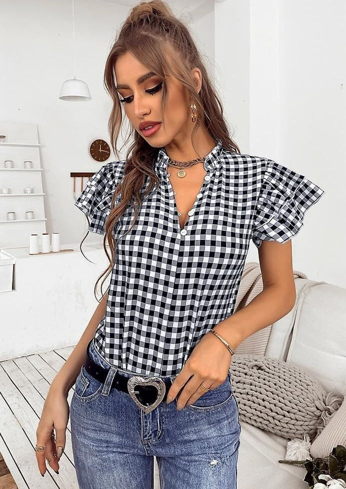 Gingham Tiered Ruffle Sleeve Blouse