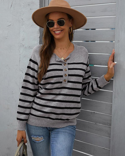 Round Neck Button Striped Sweater