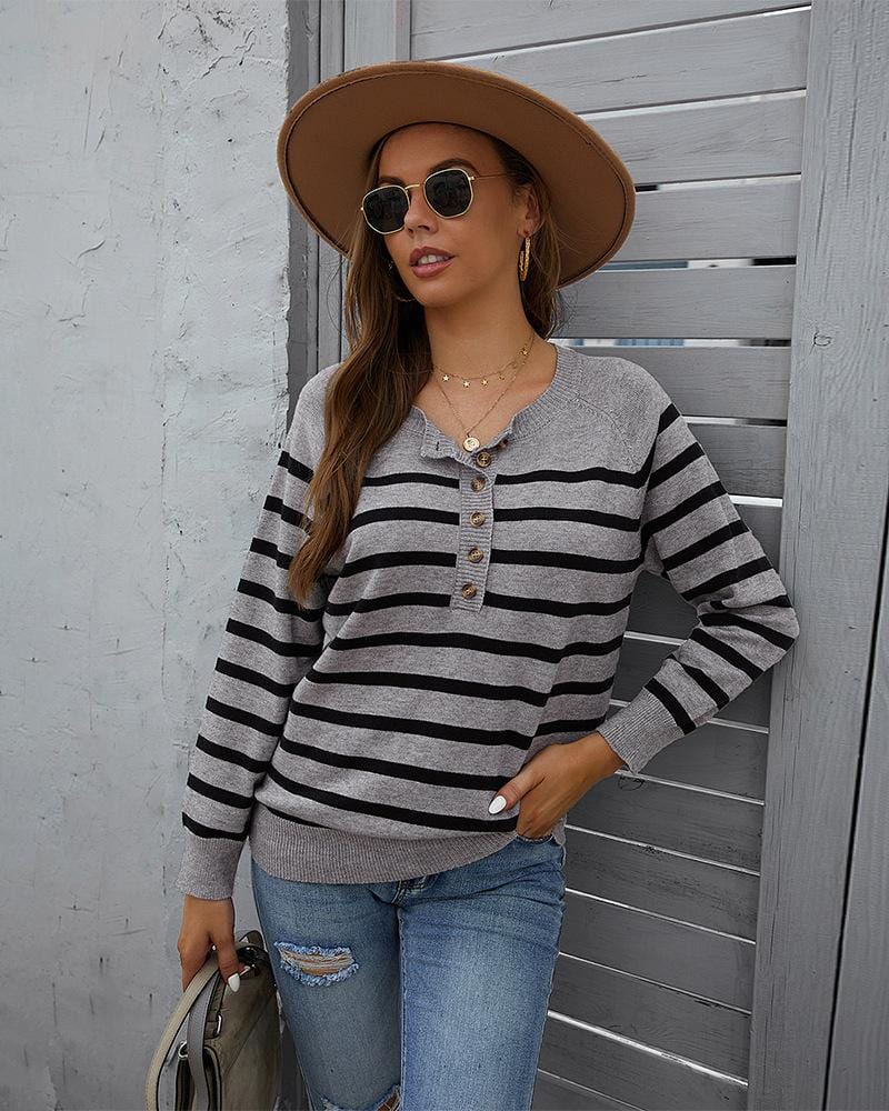 Round Neck Button Striped Sweater