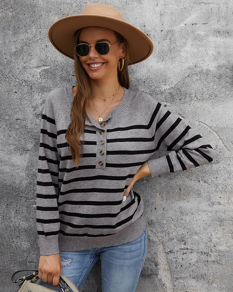 Round Neck Button Striped Sweater