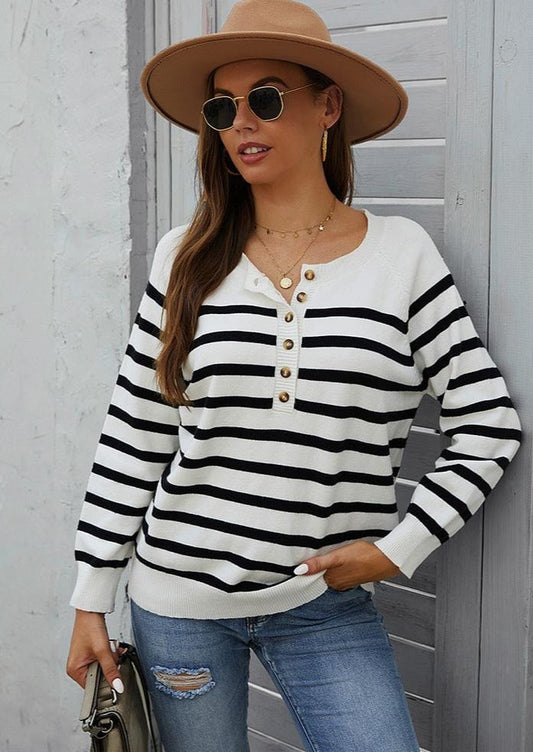 Round Neck Button Striped Sweater