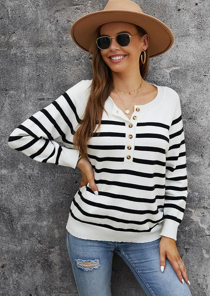 Round Neck Button Striped Sweater