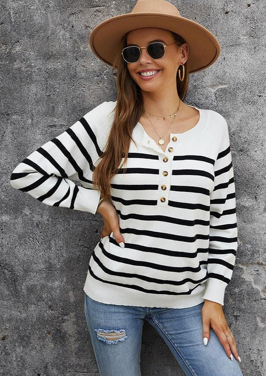 Round Neck Button Striped Sweater