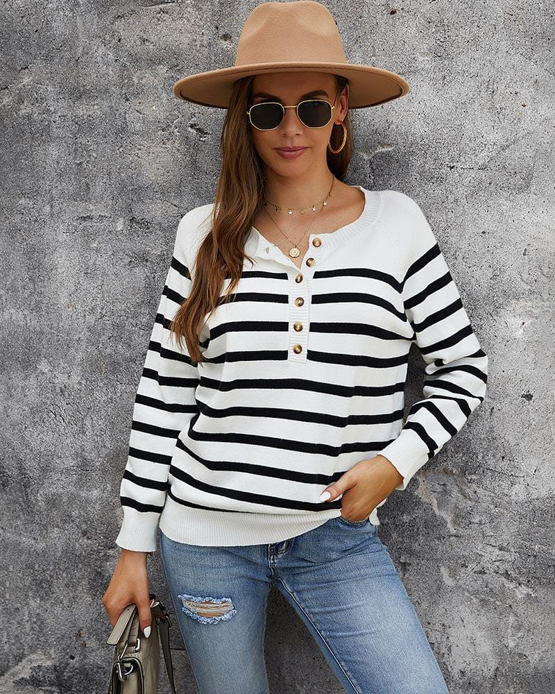 Round Neck Button Striped Sweater