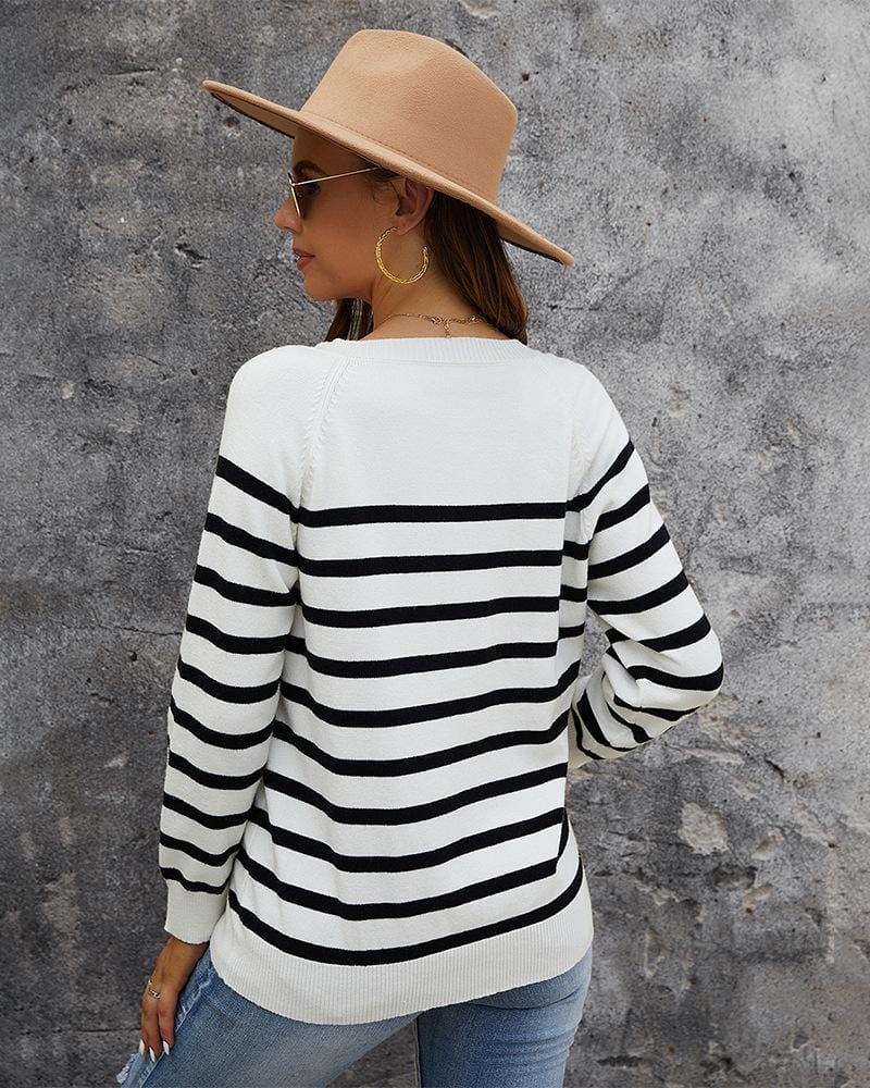 Round Neck Button Striped Sweater