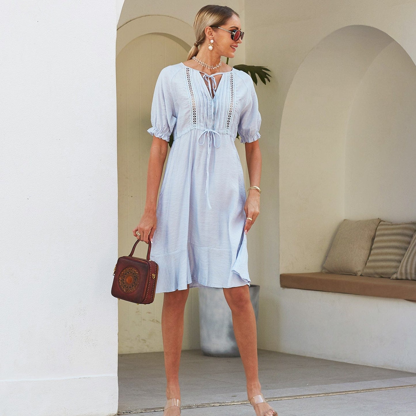 Crochet Detail Puff Sleeve Dress