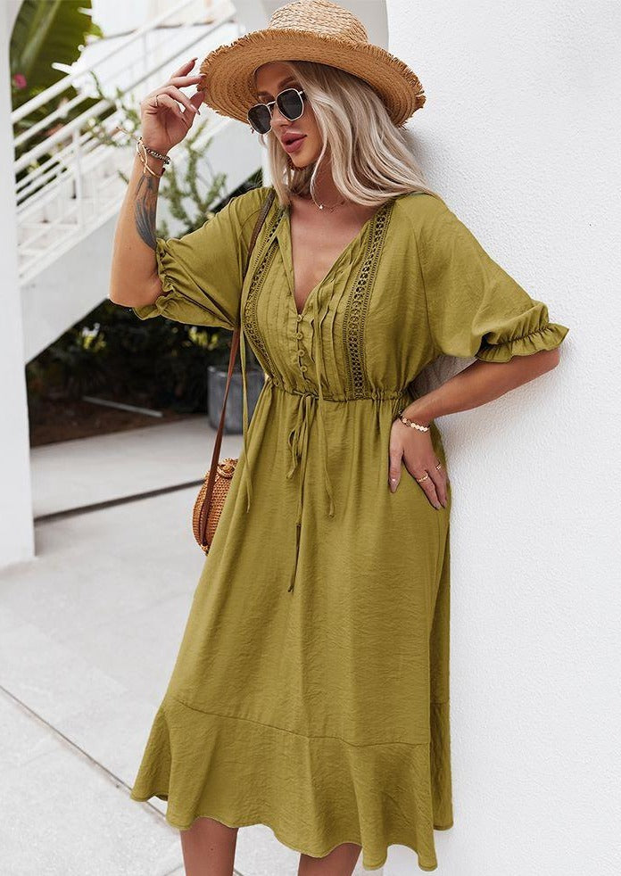 Crochet Detail Puff Sleeve Dress