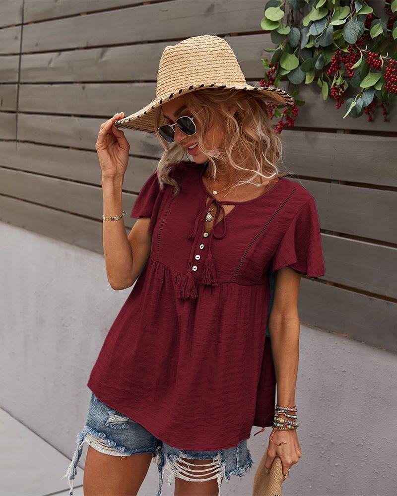 Tie Neck Flowy Sleeve Blouse