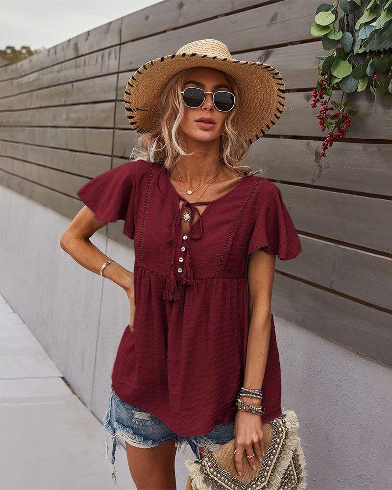 Tie Neck Flowy Sleeve Blouse