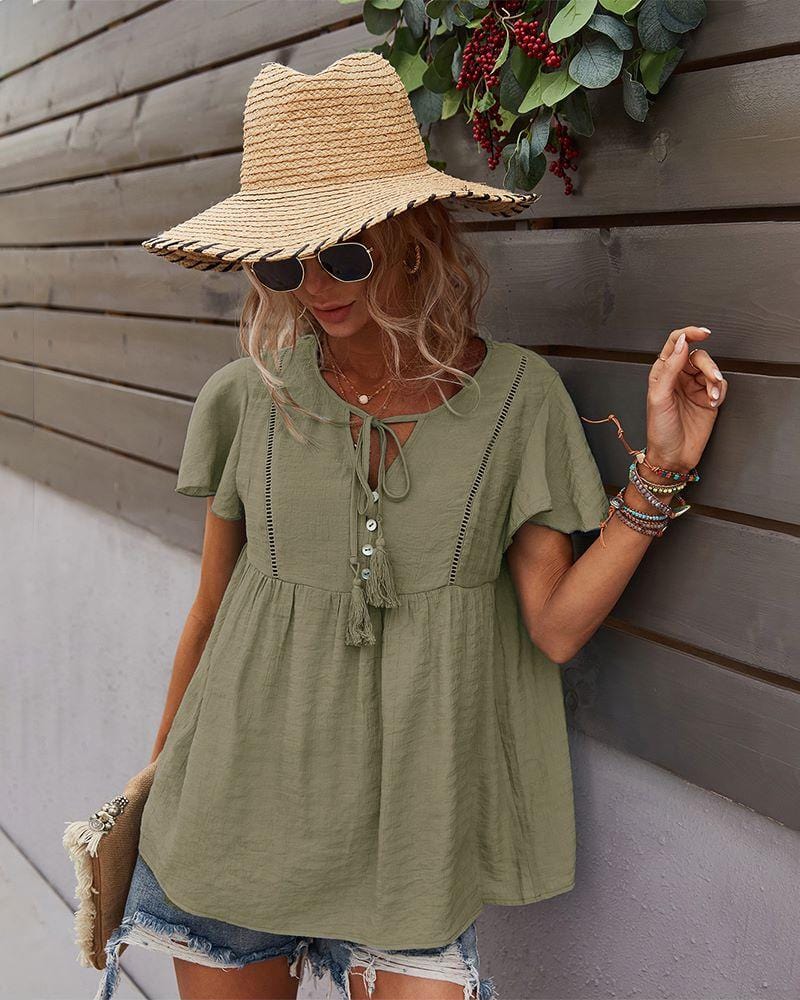 Tie Neck Flowy Sleeve Blouse