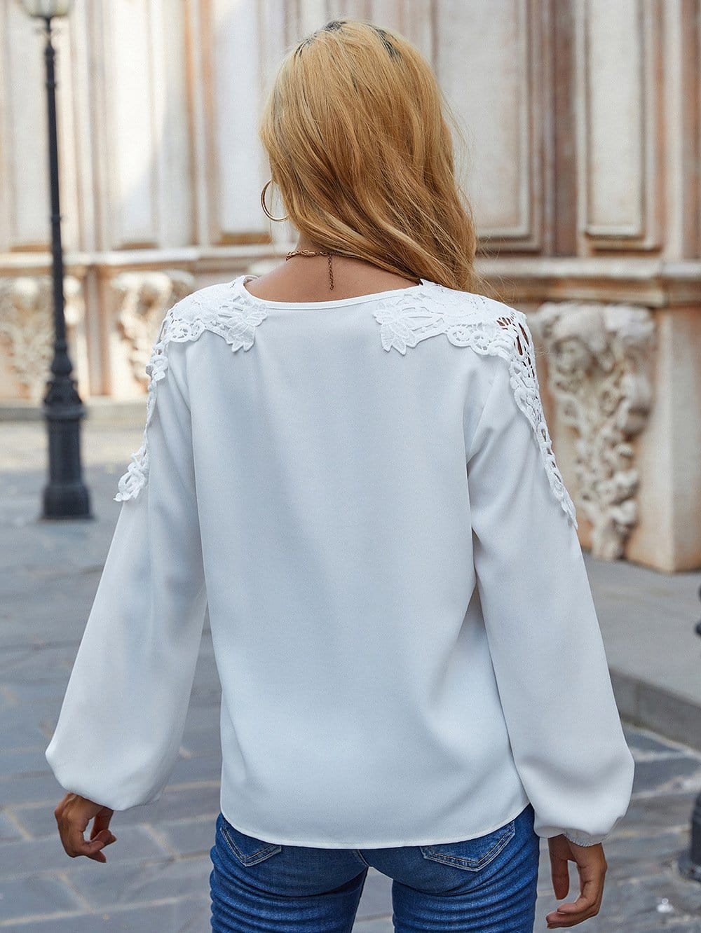 Lace Shoulder V Neck Blouse