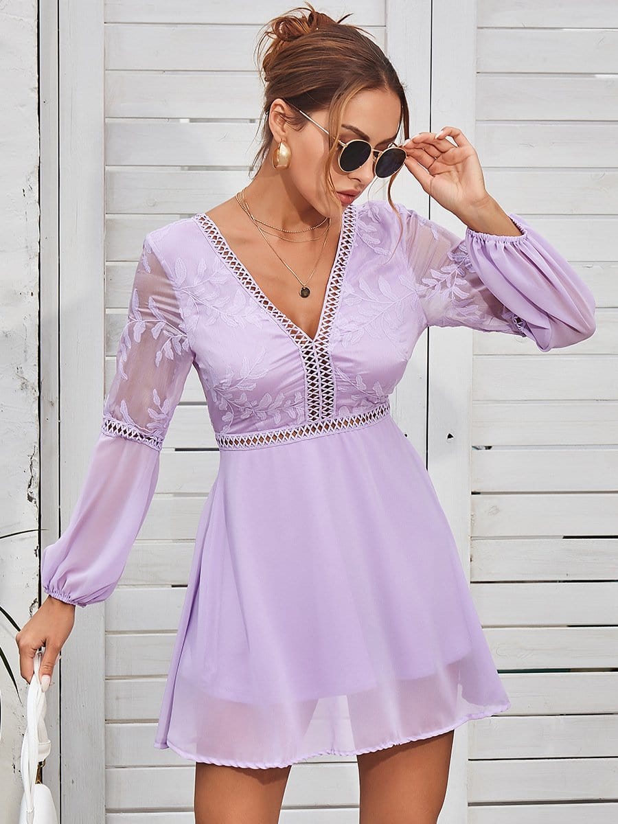 Plunge Neck Sheer Sleeve Dress