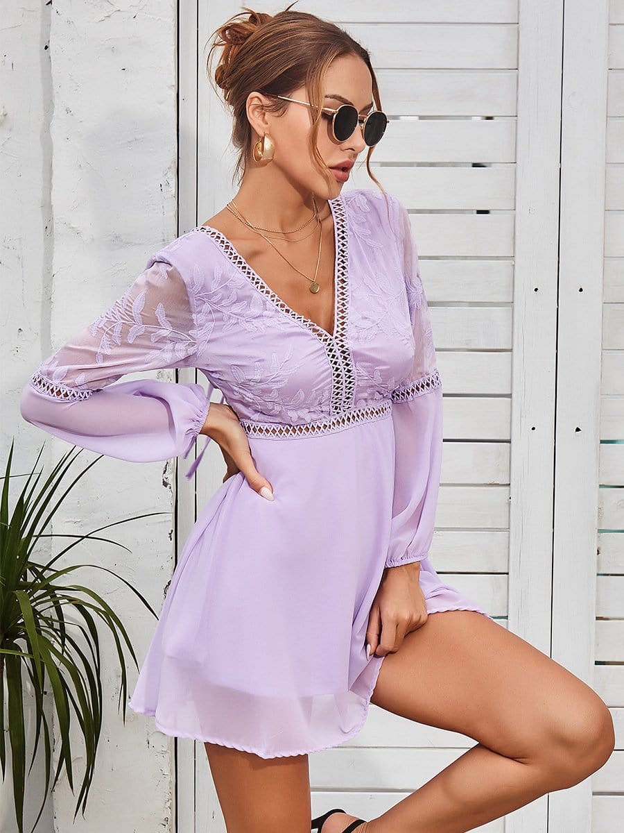 Plunge Neck Sheer Sleeve Dress