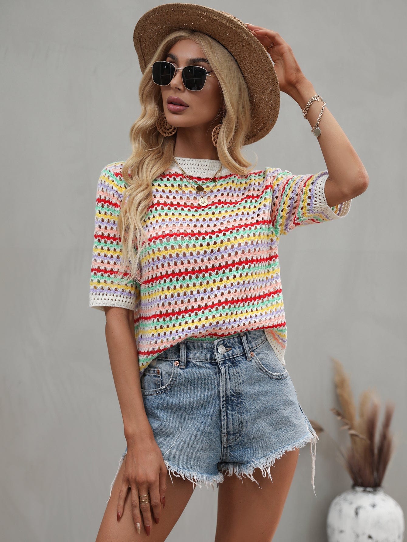 Multicolor Eyelet Knit Blouse