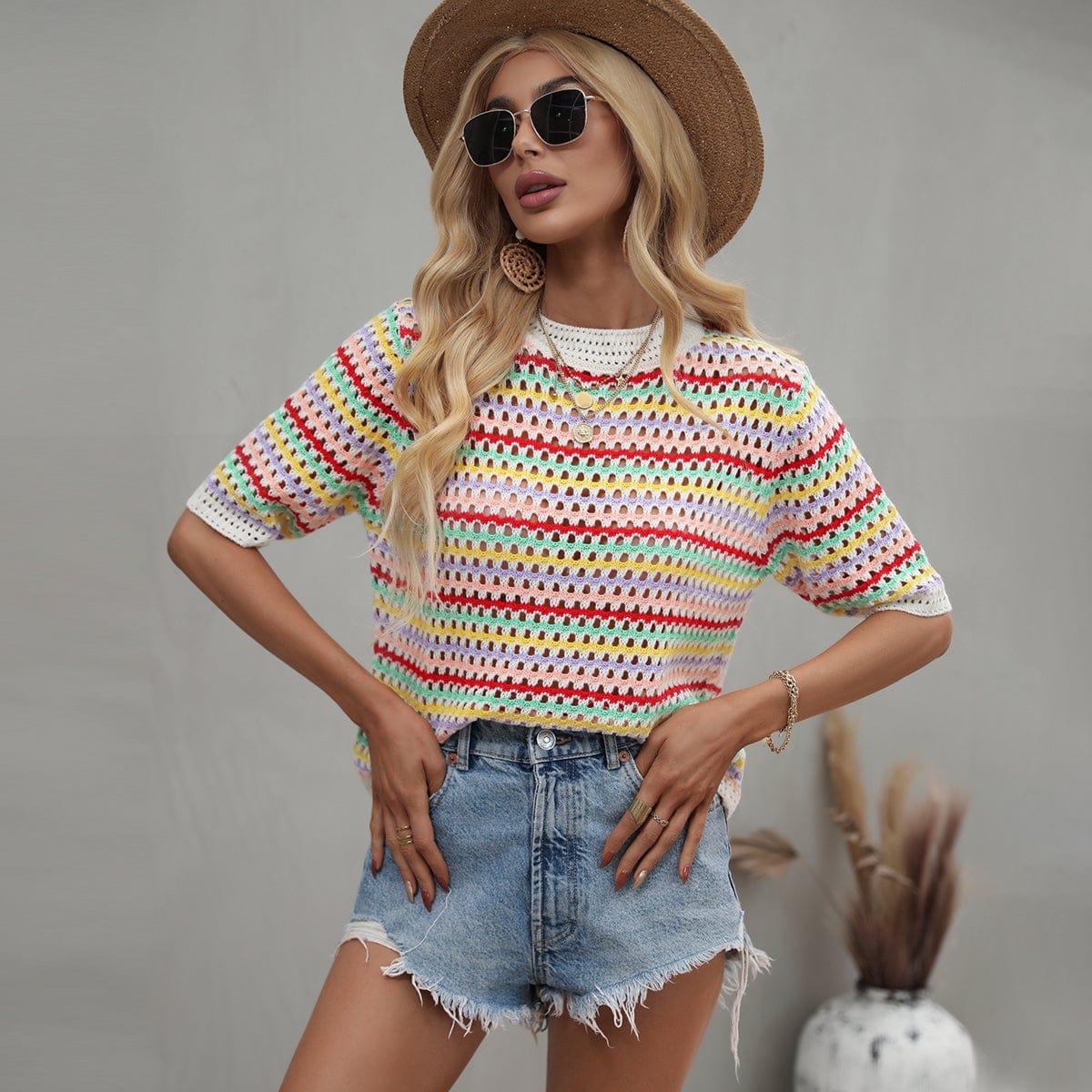 Multicolor Eyelet Knit Blouse