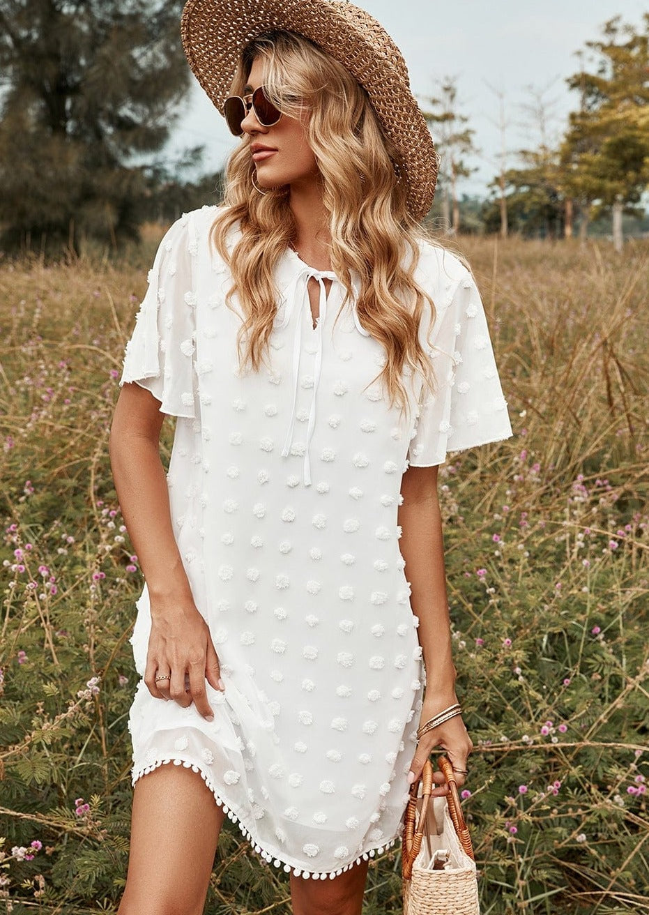 Clip Dot Pom Pom Trim Dress