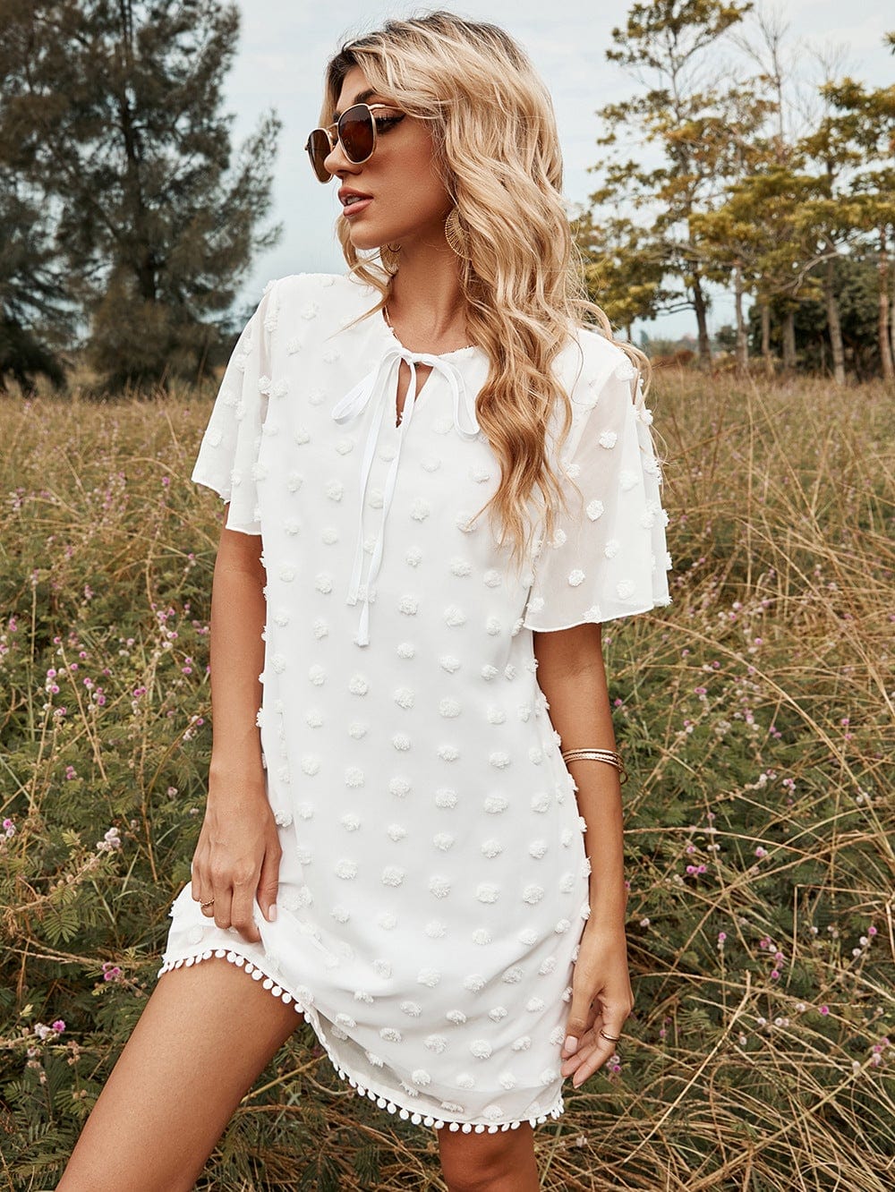Clip Dot Tie Neck Pom Pom Trim Shift Dress Above Knee Length Anna-Kaci Wholesale Clip Dot Tie Neck Pom Pom Trim Shift Dress Above Knee Length Anna-Kaci Wholesale
