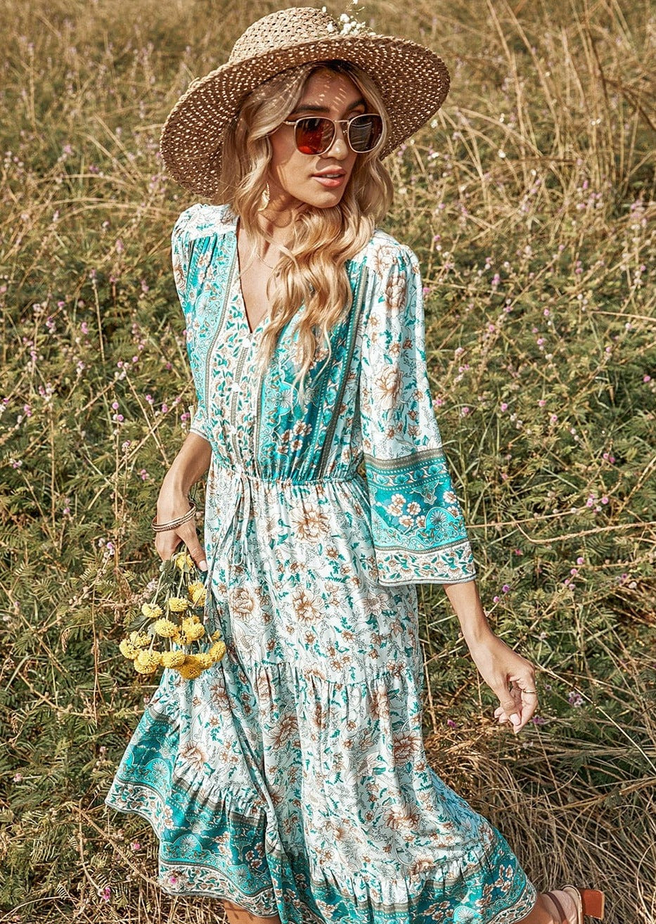 V Neck Multicolor Floral Boho Dress