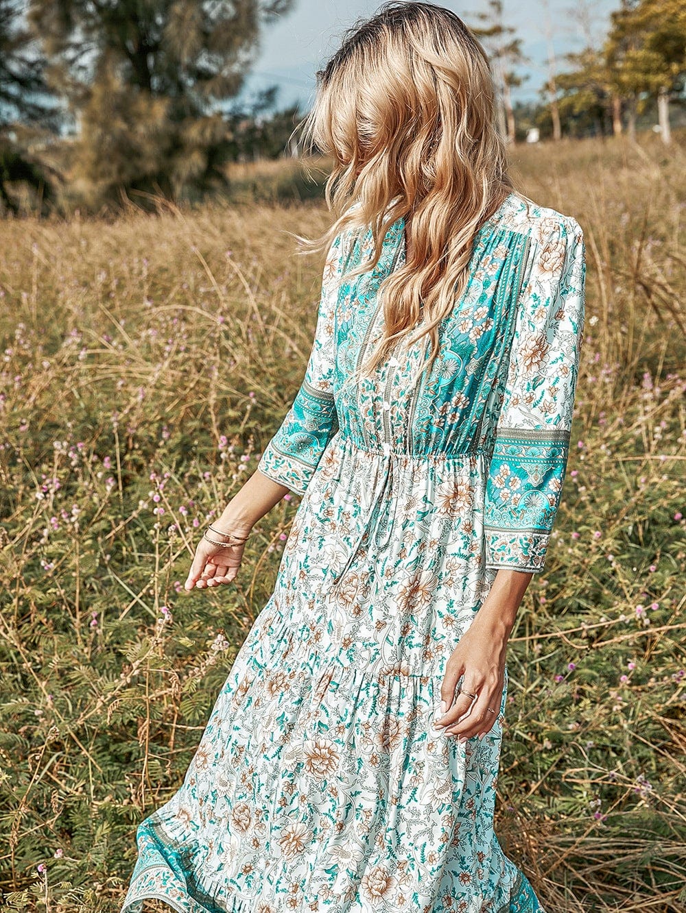 V Neck Multicolor Floral Boho Dress