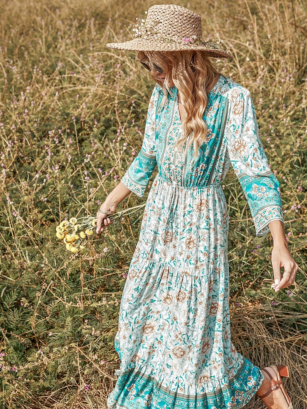 V Neck Multicolor Floral Boho Dress