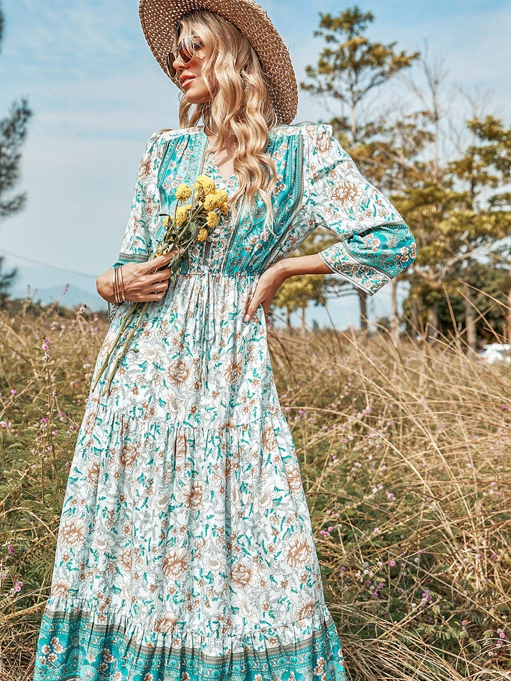 V Neck Multicolor Floral Boho Dress