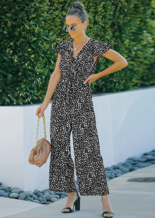 Ruffle Sleeve Cheetah Print Jumpsuit
