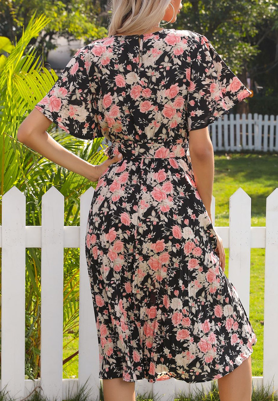 Round Neck Floral Pleated Dress