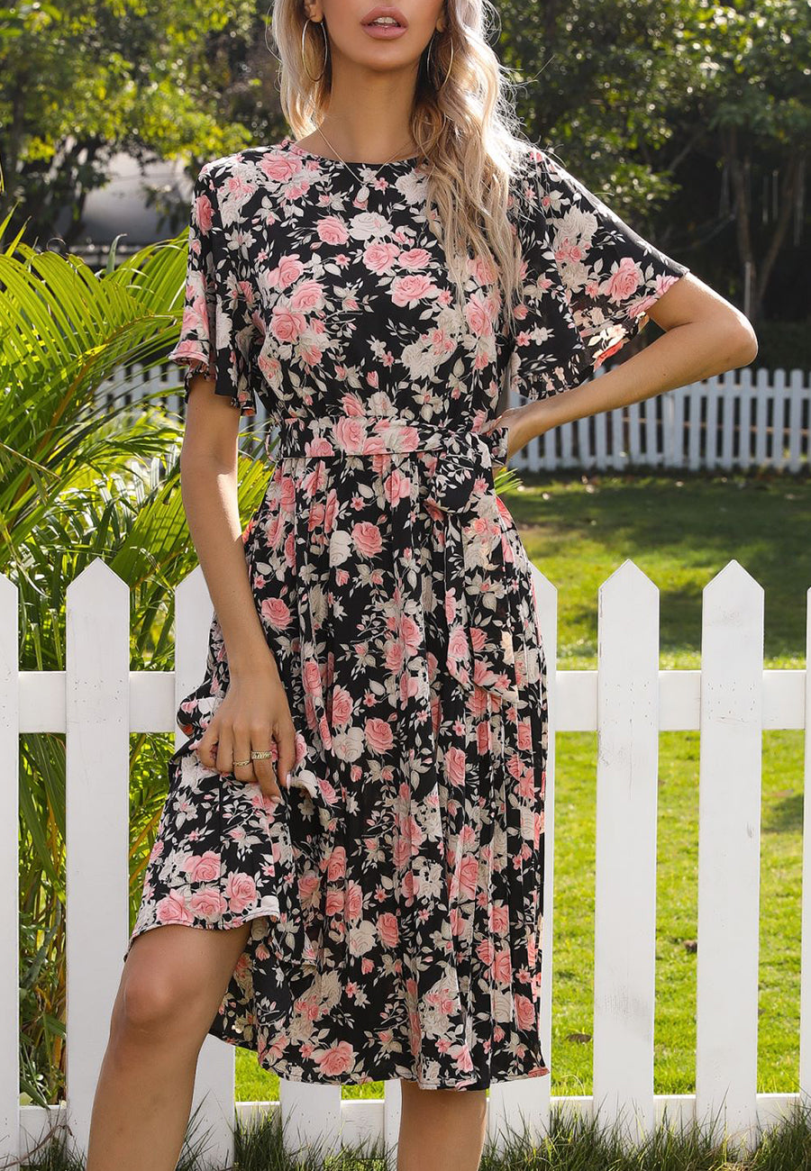 Round Neck Floral Pleated Dress